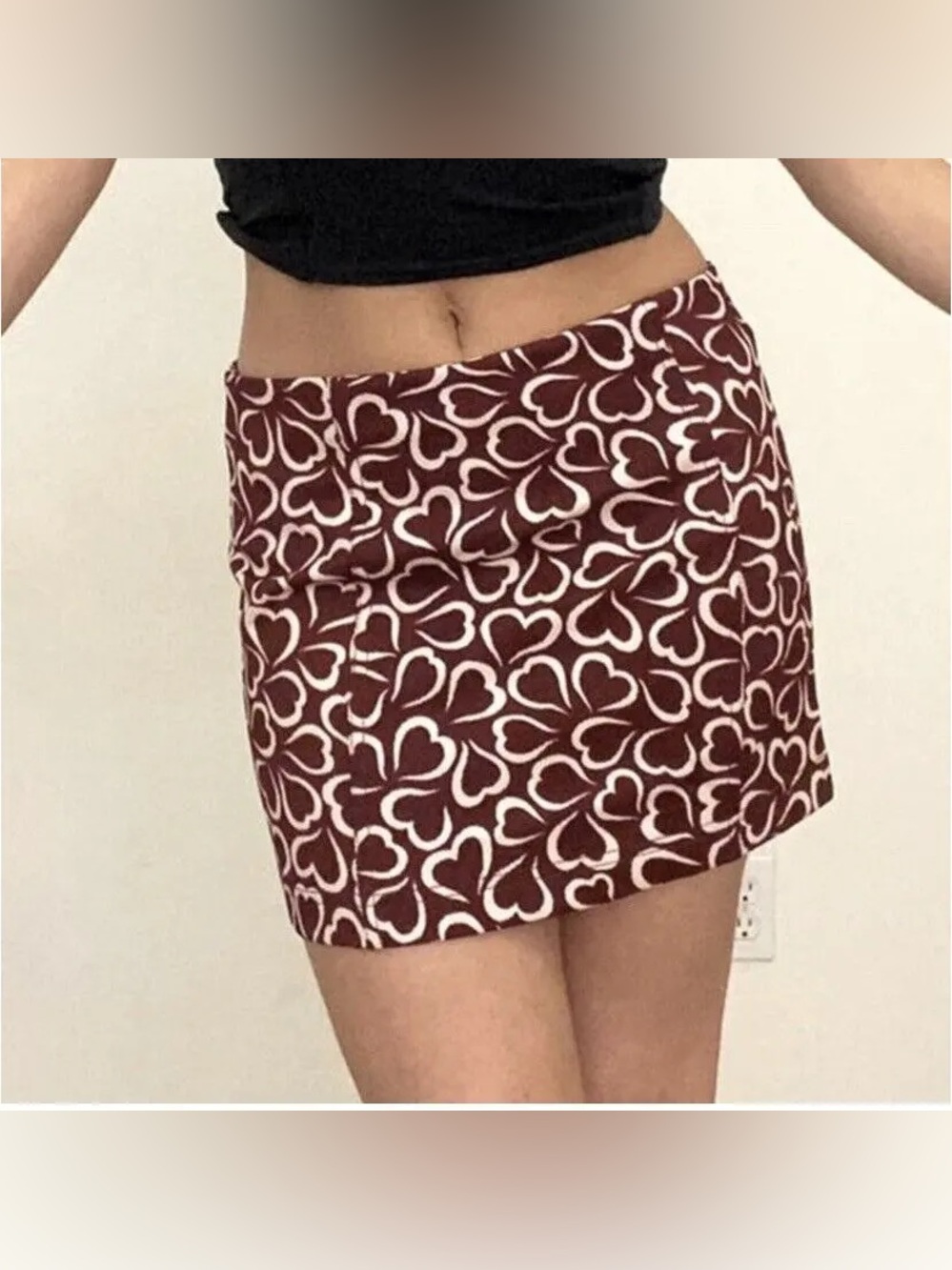 Urban Outfitters Burgundy Mini Skirt with White Heart Print